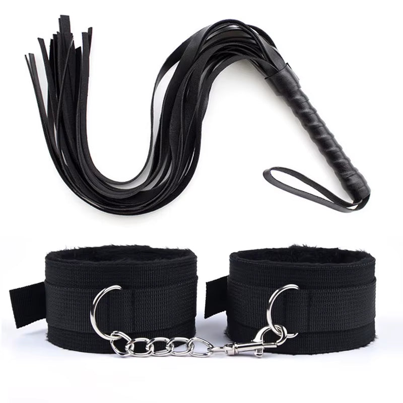 44Cm PU Leather Whip Flogger Plush Nylon Plush Sex Handcuffs Bondage Slave Exotic Accessories Toys for Couples Adults Games