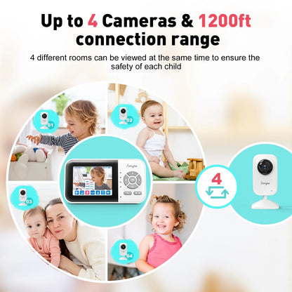 Wifi Video Baby Monitor, 2.8" LCD & App Viewing, 2-Way Audio, Night Vision, VOX, 5 Lullabies, Supports 4 Cameras, 1200Ft Range, Home Use