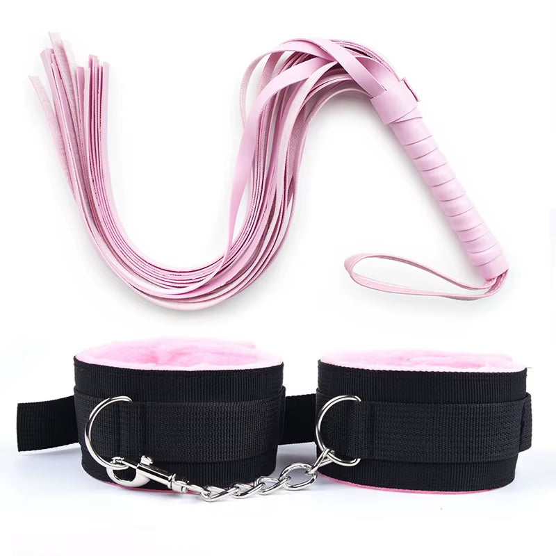 44Cm PU Leather Whip Flogger Plush Nylon Plush Sex Handcuffs Bondage Slave Exotic Accessories Toys for Couples Adults Games