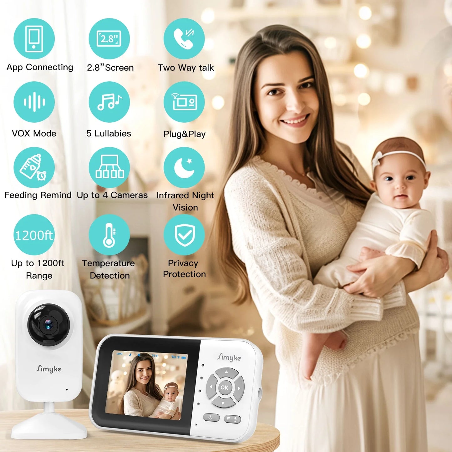 Wifi Video Baby Monitor, 2.8" LCD & App Viewing, 2-Way Audio, Night Vision, VOX, 5 Lullabies, Supports 4 Cameras, 1200Ft Range, Home Use