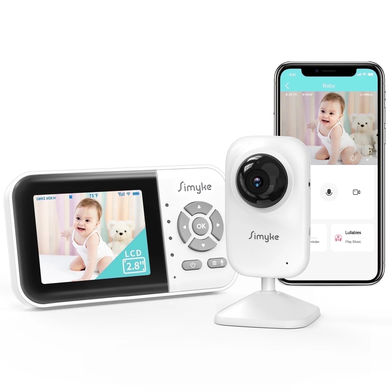 Wifi Video Baby Monitor, 2.8" LCD & App Viewing, 2-Way Audio, Night Vision, VOX, 5 Lullabies, Supports 4 Cameras, 1200Ft Range, Home Use