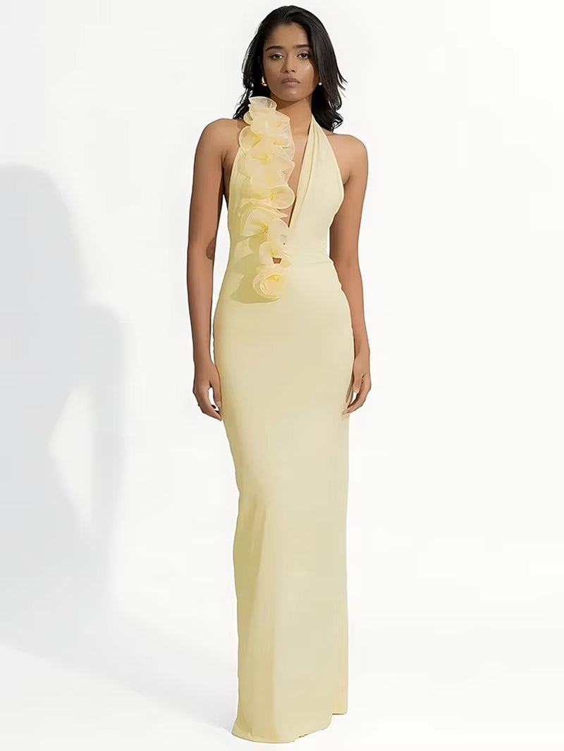 Mesh Rose Deep V Neck Sexy Maxi Dress for Women Gown Elegant Halter Sleeveless Backless Bodycon Club Party Long Dress