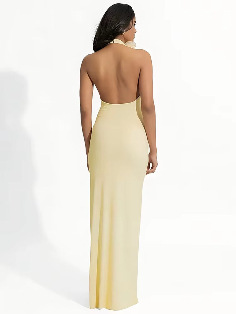 Mesh Rose Deep V Neck Sexy Maxi Dress for Women Gown Elegant Halter Sleeveless Backless Bodycon Club Party Long Dress